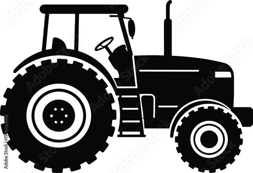 Minimal vector silhouette, farm tractor side view with large rear wheel, solid black, isolated on white background.