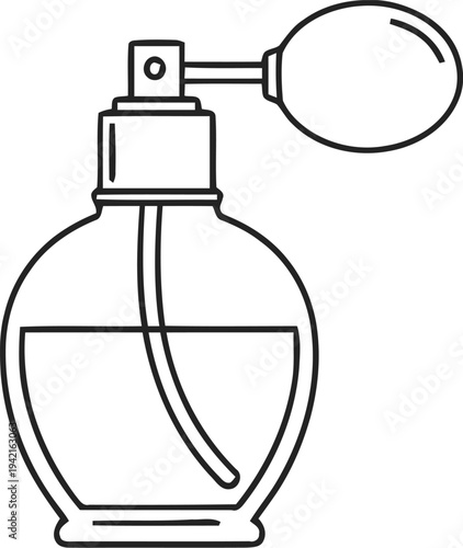 Perfume bottle with spray atomizer bulb line art vector illustration cosmetic fragrance container sketch for beauty concepts