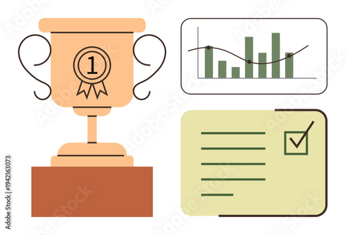 Success, achievement, goal setting, performance tracking, business strategy, productivity. Trophy showing first place, bar graph with trend line and checklist. Achievement and goal-setting concepts