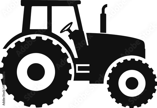 Minimal vector silhouette, farm tractor side view with large rear wheel, solid black, isolated on white background.