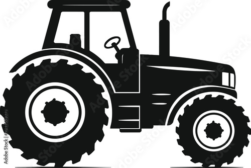Minimal vector silhouette, farm tractor side view with large rear wheel, solid black, isolated on white background.