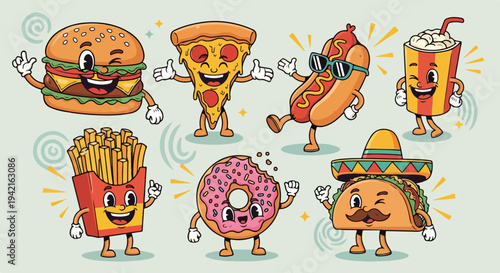 Personagens de fast food sorridentes e animados, incluindo hambúrguer, pizza, cachorro-quente, batata frita, donut, taco e refrigerante, em estilo retrô.