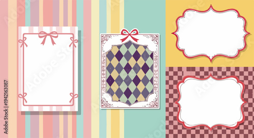 Conjunto de molduras decorativas vintage com laços, padrões de losangos e listras pastel, ideal para convites e design gráfico.