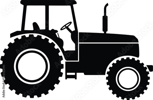 Minimal vector silhouette, farm tractor side view with large rear wheel, solid black, isolated on white background.