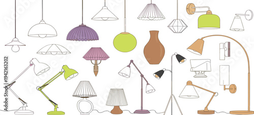 Colorful and Modern Lamp Icon Set Featuring Pendant Lights, Desk Lamps, Floor Lamps, and Unique Lighting Fixtures in Vibrant Shades