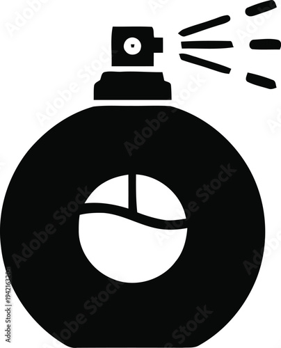 Black silhouette of a round perfume bottle with a spray, emitting fragrance, beauty product, cosmetic dispenser