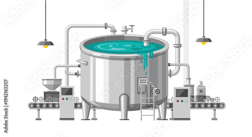 A large, cylindrical stainless steel vat filled with bubbling blue liquid is centrally positioned within an industrial factory setting, complete with intricate piping and machinery.