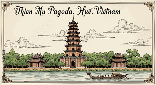 Ilustração vintage do icônico Pagode Thien Mu em Hue, Vietnã, com seu barco tradicional navegando pelo Rio Perfume.