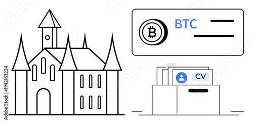 Bitcoin concept. Bitcoin displayed alongside blockchain transaction details and resume storage, technology, finance, and records. Bitcoin influencing digital payments, finance, job applications, data