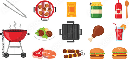 BBQ and Grilling Icon Set Featuring Grilled Meats, Tongs, Drinks, Sauces, Burgers, Skewers, and BBQ Equipment in Vibrant Vector Style