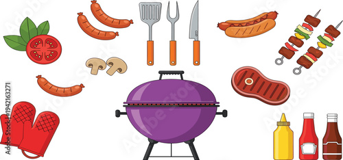 Colorful BBQ and Grilling Icon Set Featuring Grill, Sausages, Skewers, Condiments, Vegetables, and Grilling Tools in Fun Vector Style