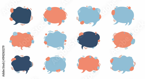 Coleção de balões de fala e pensamento abstratos em azul e laranja, para design de interface e comunicação visual.