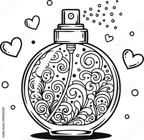 Elegant perfume bottle with decorative swirls and hearts spraying mist, romantic and luxurious cosmetic accessory