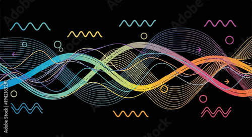 Fundo abstrato vibrante com ondas digitais coloridas e formas geométricas, ideal para tecnologia, música e design moderno.