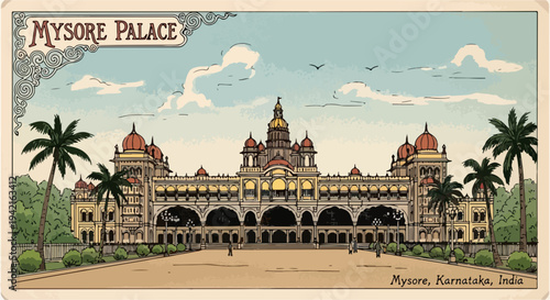 Ilustração detalhada do majestoso Palácio de Mysore na Índia, com sua arquitetura real e palmeiras exuberantes sob um céu azul.