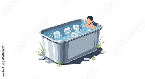 A person is partially submerged in a metal tub filled with water and large ice cubes, surrounded by green grass and grey stones on a white background.