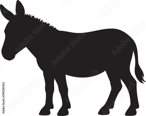 Black silhouette of a donkey standing on a white background