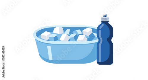 A bright blue plastic tub filled with white ice cubes is placed beside a dark blue sports water bottle on a clean white background.