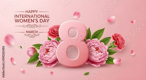 Editable Happy International Women’s Day Social Media Post Set with 3D Number 8 March and Decorative Flowers on Pink Background.
