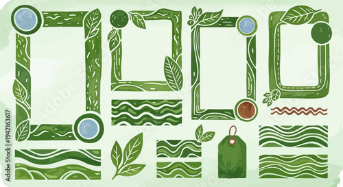 Set aus handgezeichneten grünen Aquarellrahmen, Blättern und dekorativen Elementen für Natur- und Öko-Designprojekte.