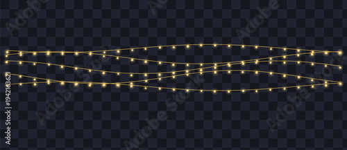 Three glowing yellow string lights illuminate a festive scene on a dark transparent pattern grid