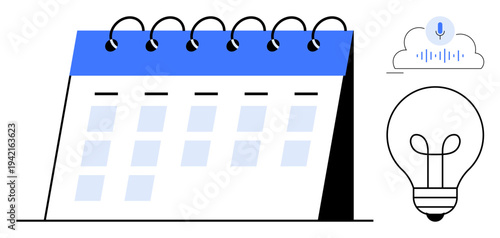 Scheduling concept. Calendar paired with voice recognition cloud and lightbulb scheduling, innovation, and digital tools. Scheduling efficiency with smart technologies. For productivity, technology