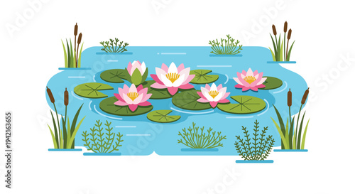 A flat vector illustration displays a tranquil pond filled with five pink water lilies, green lily pads, and various aquatic plants against a clean white background.