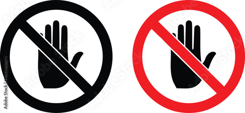 No Entry Hand Symbol Icons in Black and Red for Safety and Warning Signage