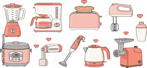 Cute Kitchen Appliances Icon Set Featuring Blenders, Toasters, Coffee Makers, Mixers, Kettles, and Food Processors in Pink and White Design