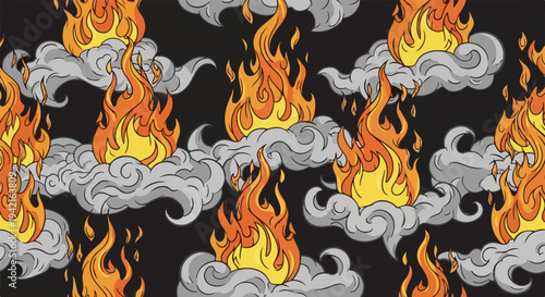 Nahtloses Muster aus züngelnden orange-roten Feuerflammen, die aus grauen Rauchwolken auf schwarzem Hintergrund emporsteigen, im dynamischen Cartoon-Stil.
