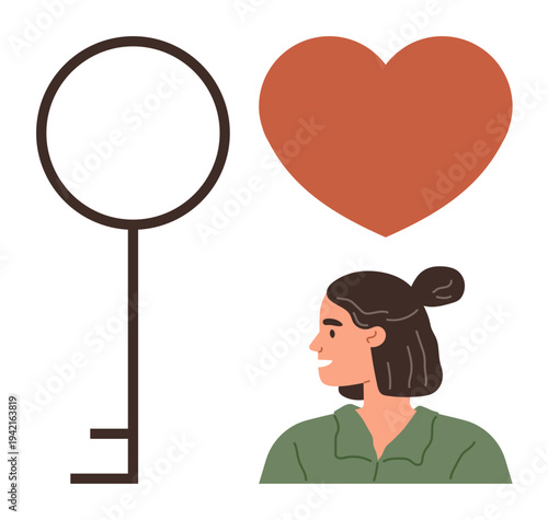 Love, relationships, feelings, self-awareness, emotional connection, individuality. Illustration of a person, heart and key. Love and relationships symbolism with a key and heart