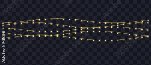 Three wavy strands of golden yellow fairy lights illuminate the dark transparent checkerboard setting