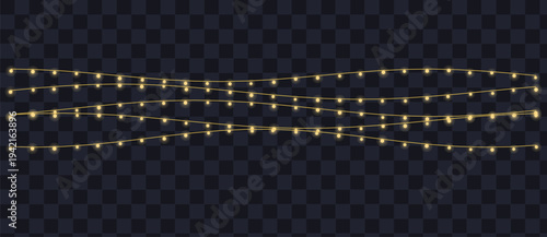 Warm yellow string lights with shining bulbs gracefully adorn a dark clear background for festive use