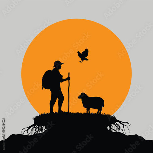 Silhouette of Shepherd with Sheep and Bird at Sunset on Hilltop, Minimalist Vector Illustration