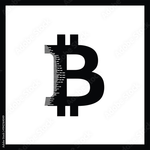 Minimalist Bitcoin Symbol with Digital Glitch Effect on White Background for Cryptocurrency Design