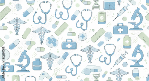 Nahtloses Muster mit medizinischen Symbolen wie Stethoskop, Pillen, Spritzen und Caduceus auf weißem Hintergrund, ideal für Gesundheitskonzepte.