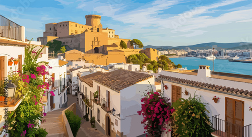 Panoramica suggestiva di Dalt Vila, la città vecchia fortificata di Ibiza, con le sue case bianche fiorite e il porto turistico sotto un cielo azzurro.
