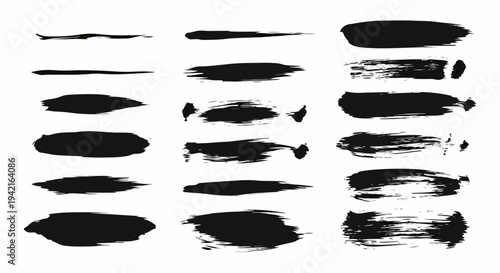Sammlung verschiedener schwarzer Pinselstriche und Texturen, ideal für Grafikdesign, Kunstprojekte und digitale Illustrationen.