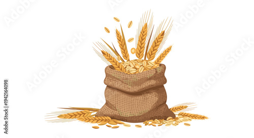 A textured brown burlap sack, standing upright, overflows with golden wheat grains and tall wheat stalks, with loose grains scattered around its base.