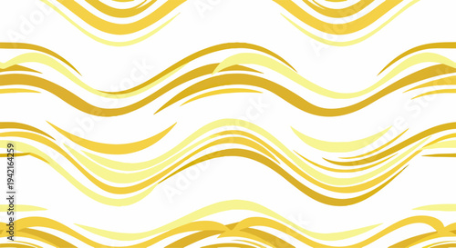 Motivo astratto senza soluzione di continuità con onde fluide e linee curve in tonalità giallo oro su sfondo bianco, ideale per design moderno e lussuoso.
