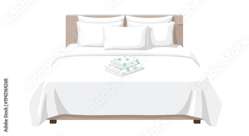 A large bed with white bedding, four pillows, and two folded green-patterned towels is centered in a pristine white room.