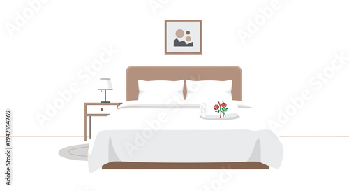 A neatly made bed with white bedding, a rose-patterned towel, and a bedside lamp stands in a minimalist white room.