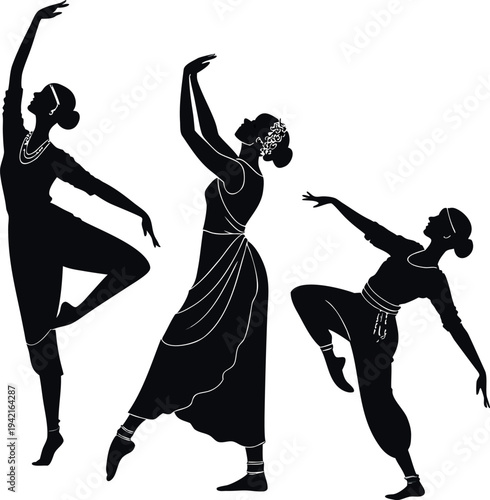 Three elegant ballet dancers in various poses performing dance movements
