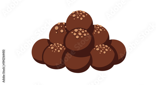 A perfectly symmetrical pyramid-shaped pile of ten round dark brown chocolate truffles, each with sprinkles, is arranged on a white background.