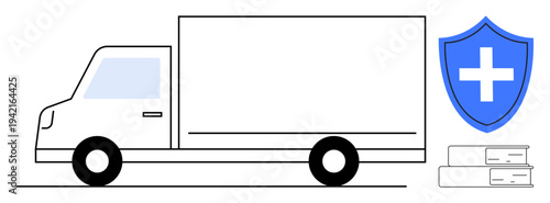 Logistics, healthcare, transportation, medical supply chain, delivery services, education. Minimalist truck with a medical shield and books. Logistics and healthcare in supply chain delivery services