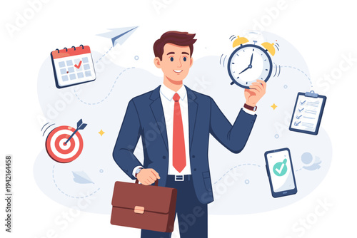 Businessman Holding Alarm Clock and Briefcase for Time Management Concept. Punctual Professional Meeting Deadlines with Calendar, Target, Checklist, and Smartphone Icons. Flat Vector Illustration.