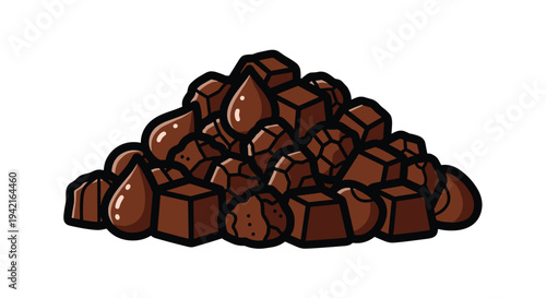 A large, irregular mound of dark brown chocolate pieces, including cubes and drops, is piled centrally on a plain white background.