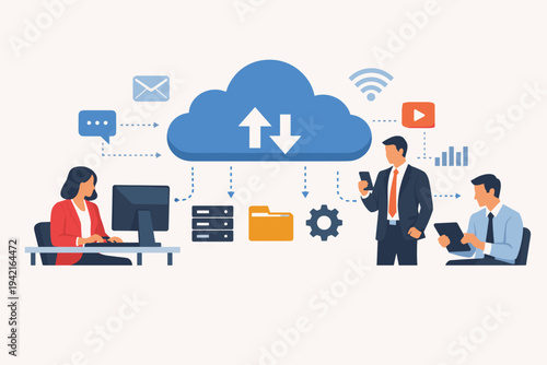 Business People Using Desktop Computer and Mobile Devices Connected to Cloud Server Service for Data Storage, File Sharing, and Digital Communication in a Modern Office Vector Illustration.