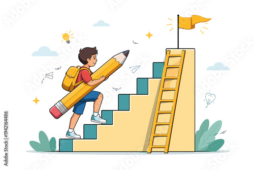 Vector illustration of a boy carrying a giant pencil climbing a staircase and ladder to reach a goal flag, representing education, academic success, creative growth, and personal achievement.