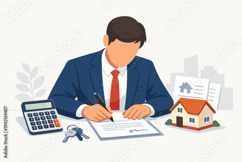 Professional businessman in a suit signing a real estate mortgage contract with a calculator, house model, and keys on his desk. Concept of property investment, home buying, and loan approval.